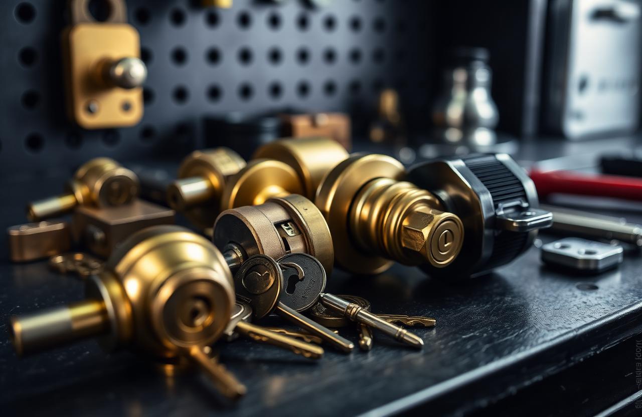 High-security door lock cylinders and keys on a Durban locksmith's workbench