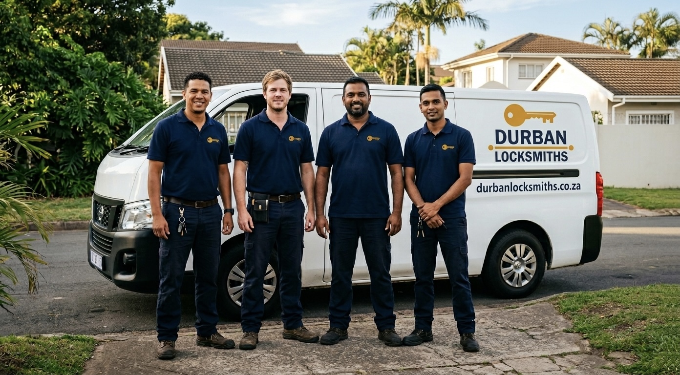 Durban Locksmiths team standing in front of their branded service van — local certified technicians